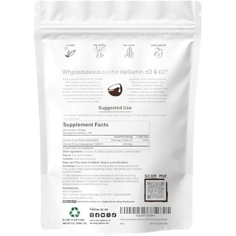 Vitamin D3 10,000 IU + K2 MK-7 Softgels with Coconut Oil